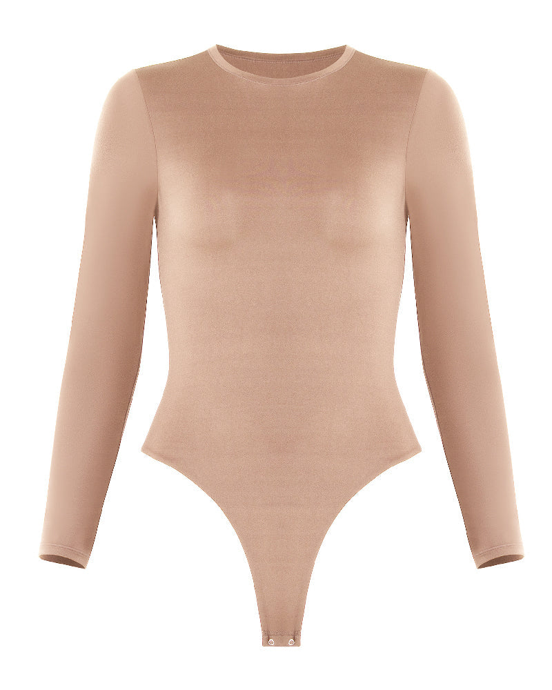 Women's Crew Neck Double Lined Long Sleeve Basic Stretchy Thong Bodysuit