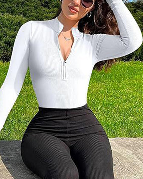 Zipper Front Long Sleeve Sexy Ribbed Triangle Bodysuit