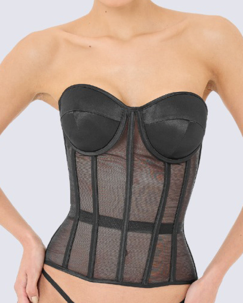 Women's Sexy Mesh Overbust Corset Tops Vintage See Through Slim Bustiers