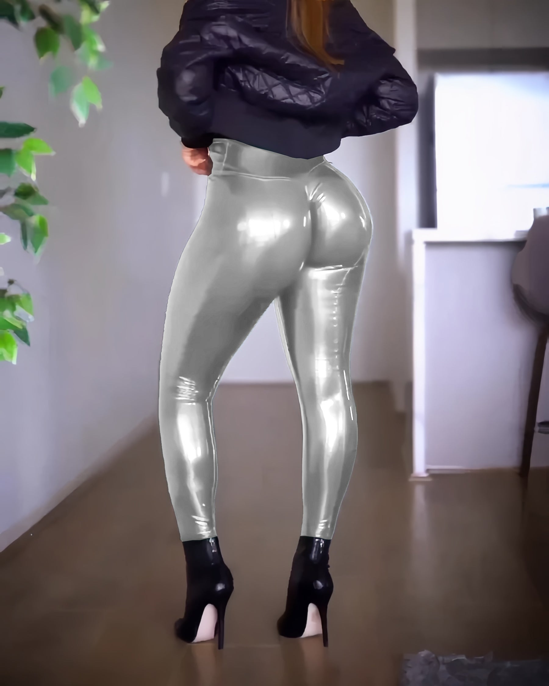 High Waisted Butt Lifter Leggings Shiny Faux Leather Pants