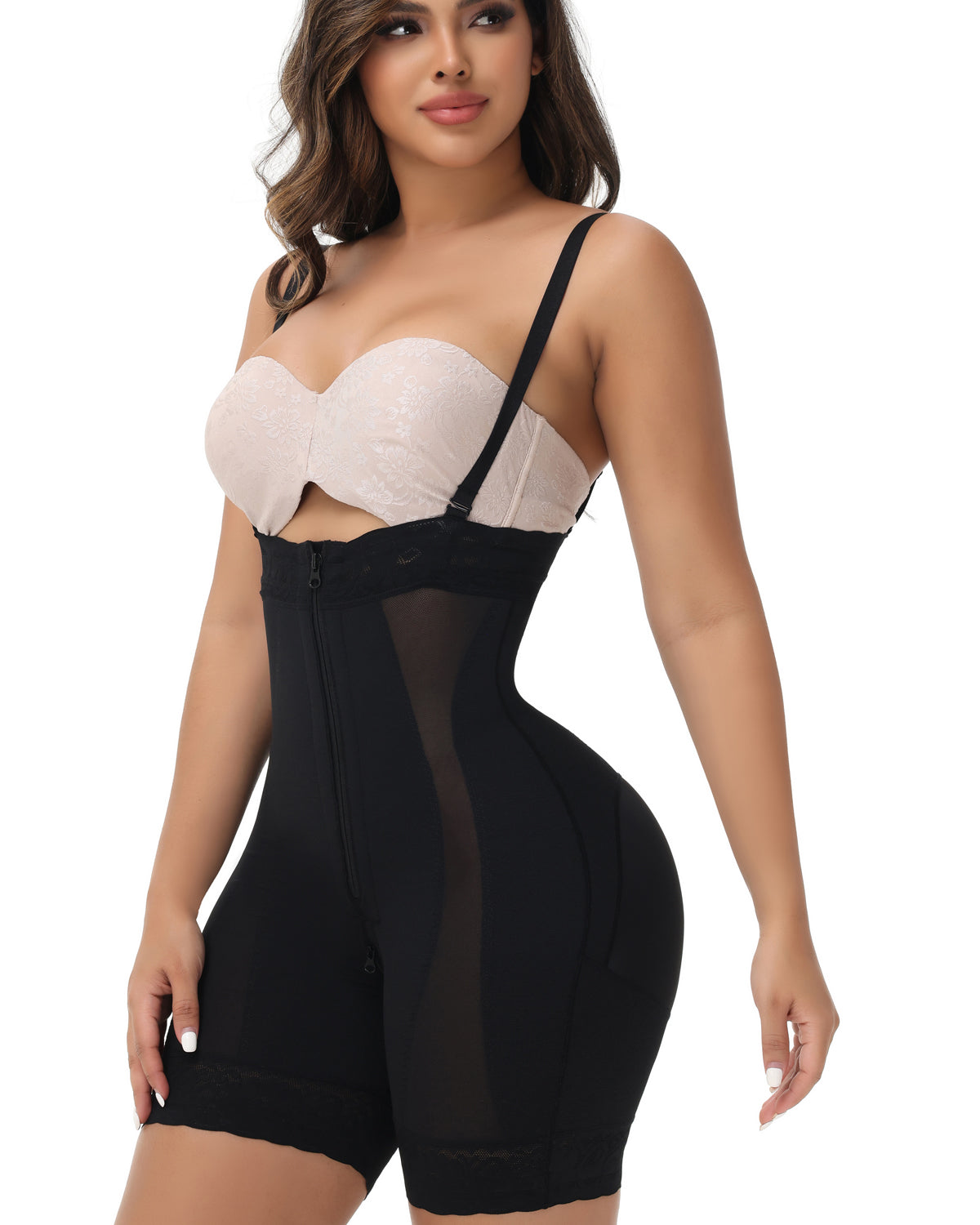 High Waist Zipper Tummy Control Shapewear Shorts With Detachable Straps