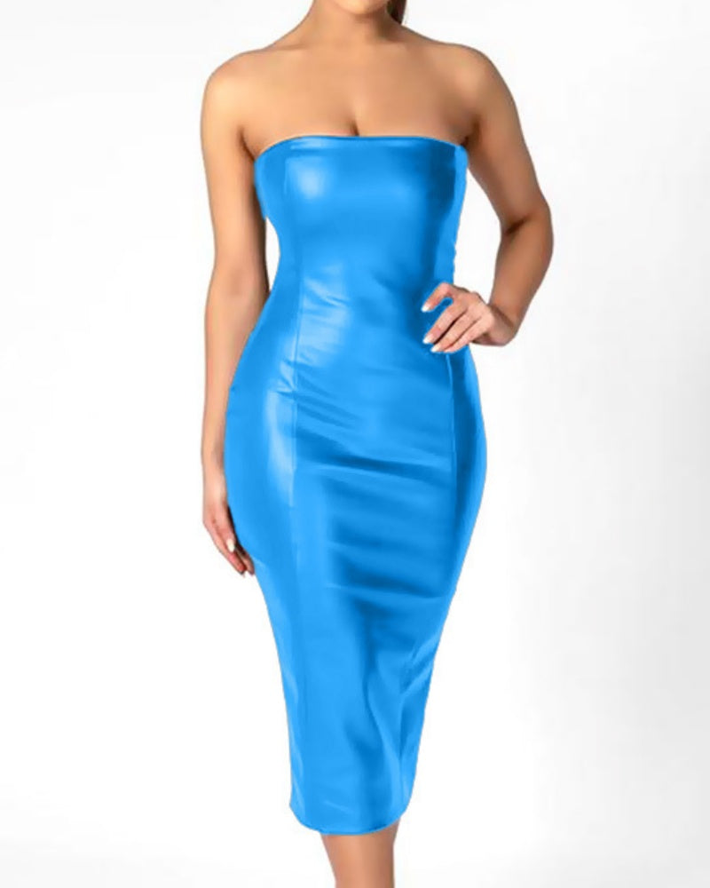 PU Leather Slim Fit Tube Top Sexy Dress with Back Slit