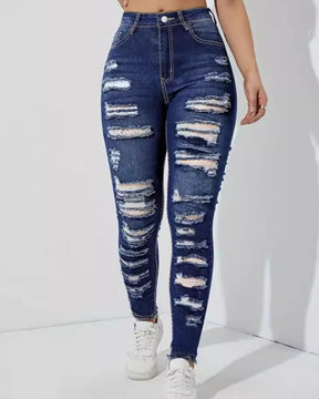 Ripped Raw Edge High Elastic Skinny Jeans