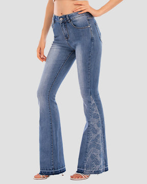 Casual  Mid Waist Tummy Control Flared Jeans with with Embroidered Patches