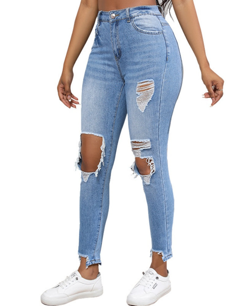 Washed Ripped Slim High Waist Elastic Retro Skinny Jeans for Women