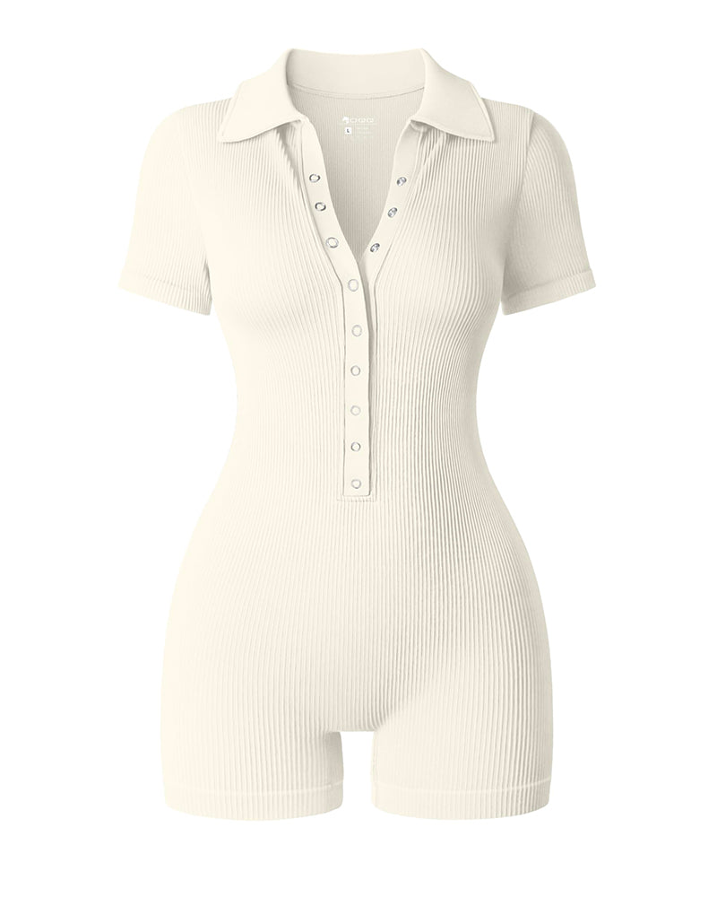 Ribbed Short Sleeve Stand Collar Rompers Front Buttons Stretch Exercise Jumpsuits