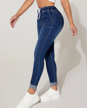 High Waist Drawstring Elastic Waist High Stretch Skinny Jeans