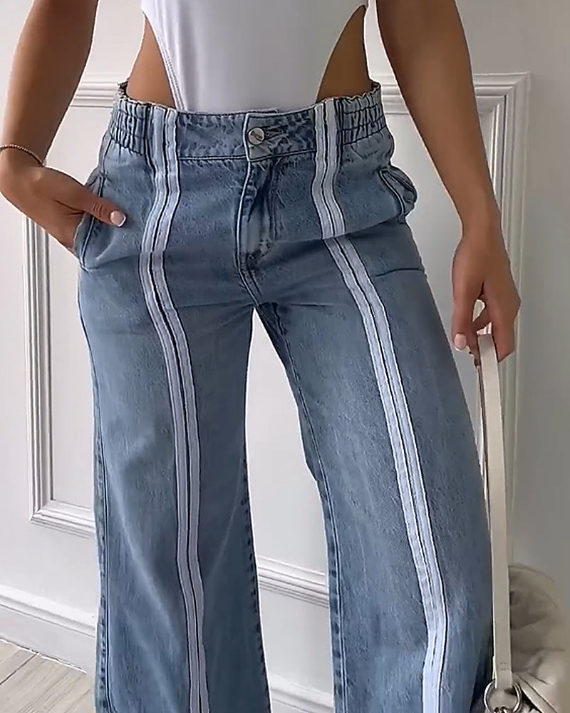 High-waisted White Striped Patchwork Wide-leg Slit Jeans