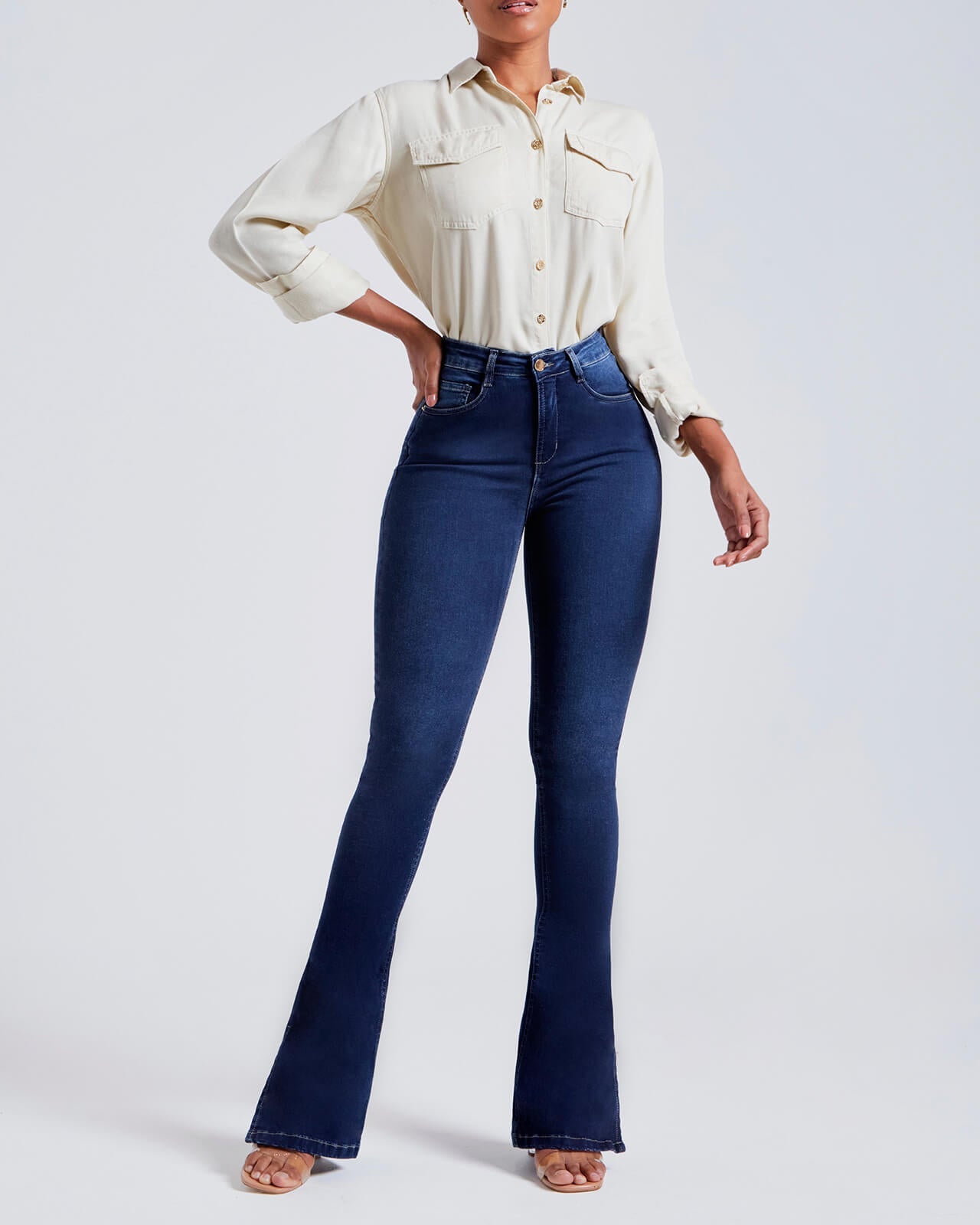 Dark Blue Butt Lifting Skinny Flare Shaping Jeans High Waist Stretch Pants Women Jeans