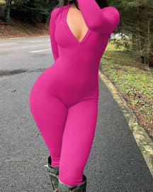 Ribbed V-neck Long-sleeved Tight-fitting Hip Jumpsuit