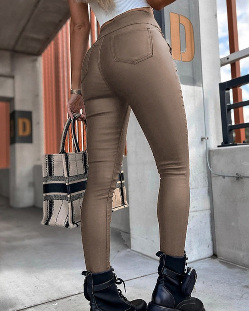 Sexy High Waist Stretchy Faux Leather Leggings Pants with Multi-button