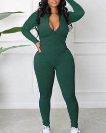 Women's Sexy Ribbed Long Sleeve Zipper Jumpsuits Casual Solid Bodycon Rompers