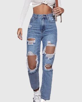 Women's Washed Ripped High Waist Straight Jeans