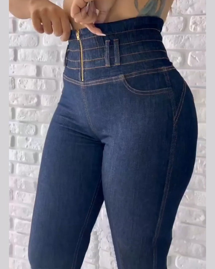 High Waisted Front Zipper Stretchy Jeans