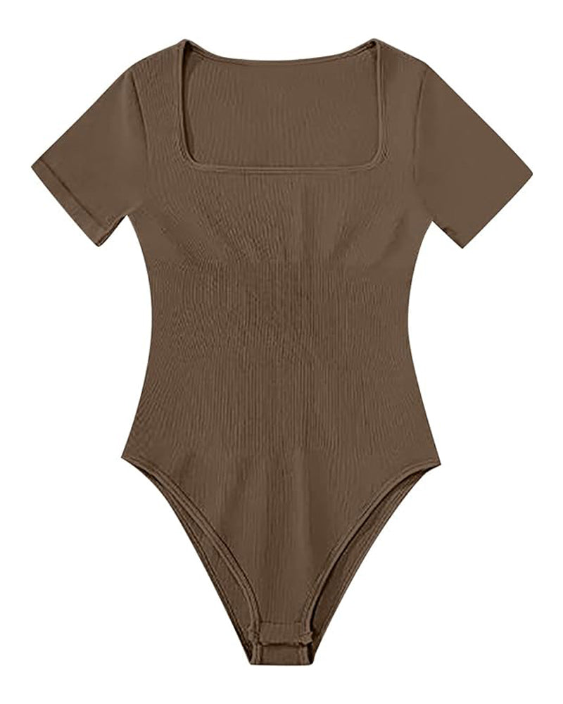 Women's Square Neck Sexy Ribbed Short Sleeve Thong Tummy Control Bodysuits