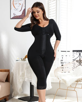 Black Women's Mid-sleeveJumpsuit with Tummy Control Butt Lift Shapewear