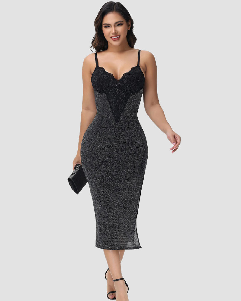 Sexy Lace V Neck Metallic Sparkling Bodycon Slit Cami Midi Slip Dress