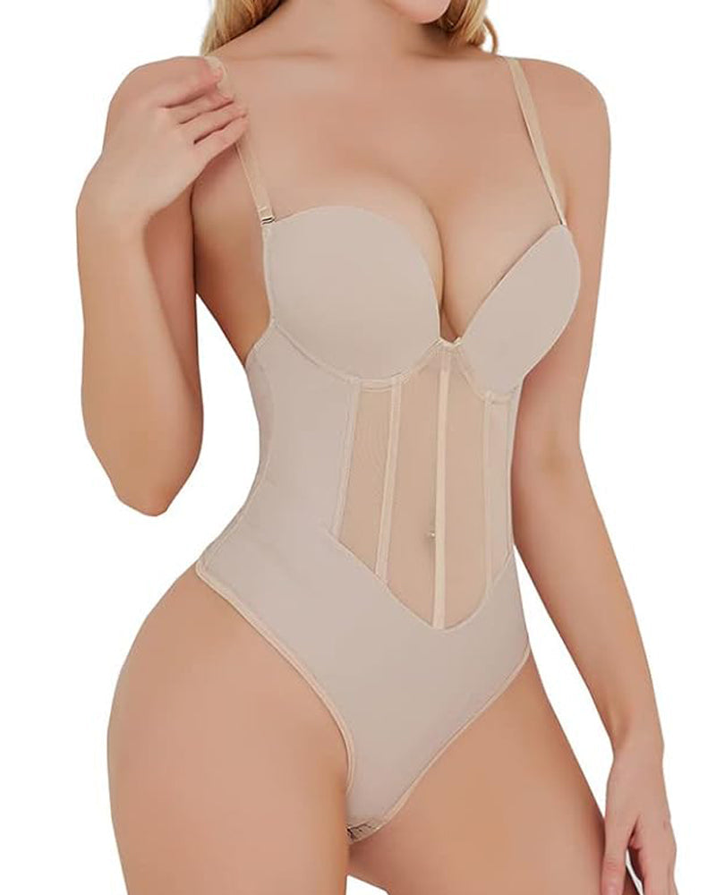 Sexy Mesh Shapewear Corset Backless Thong Bodysuit With Built-in Bra