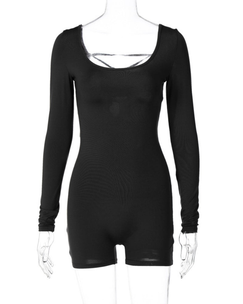 Long-sleeved U-neck Lace-up Hollow Back Tight Yoga Bodysuit