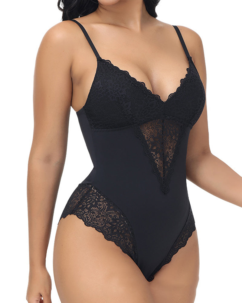 Women's Lace Sheer Spaghetti Strap Cami Bodysuit Sleeveless One Piece Shapewear