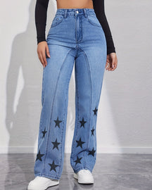 Star Print High Rise Panel Straight Jeans