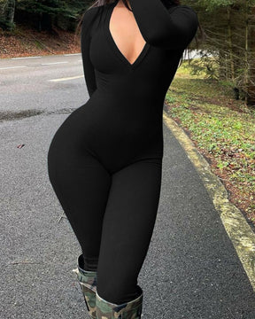 Ribbed V-neck Long-sleeved Tight-fitting Hip Jumpsuit