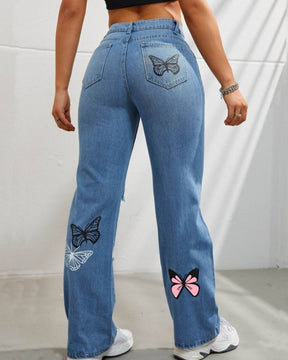 Butterfly Print Ripped Straight High Waist Contrast Jeans