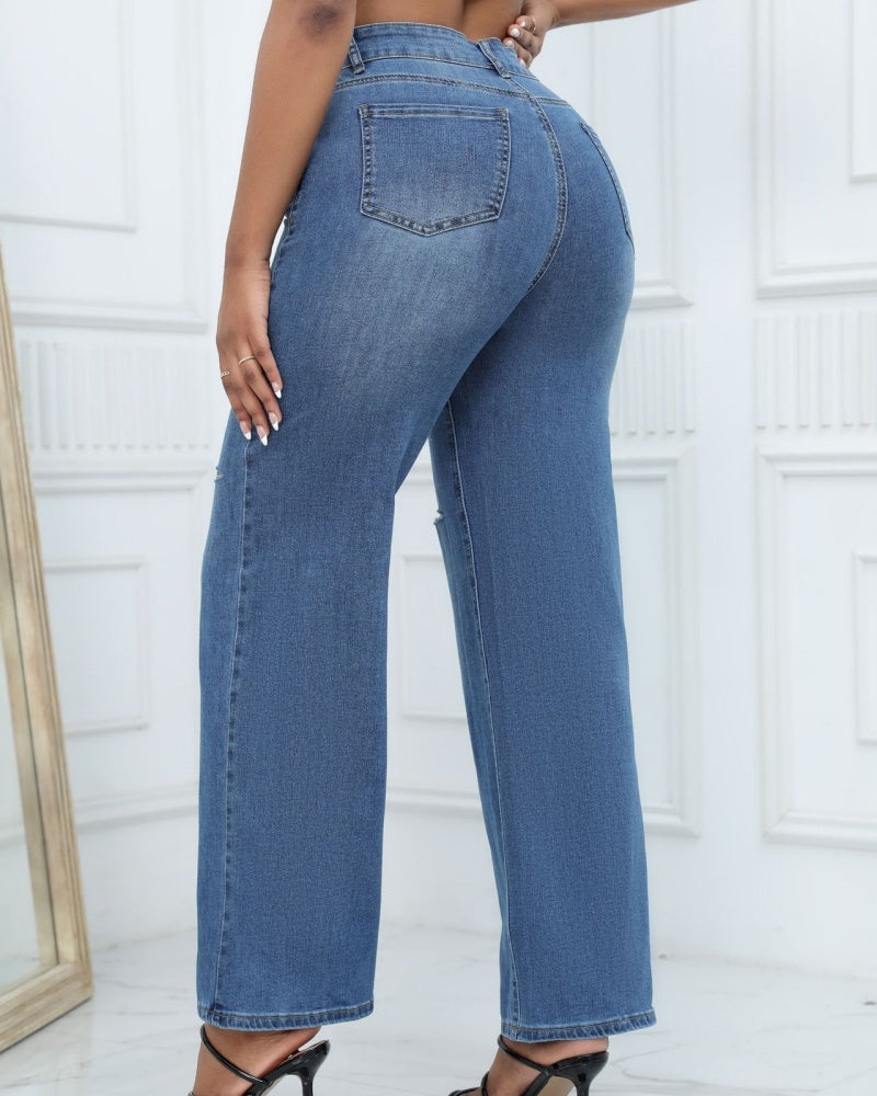 Versatile High Waist Ripped Wide Leg Jeans