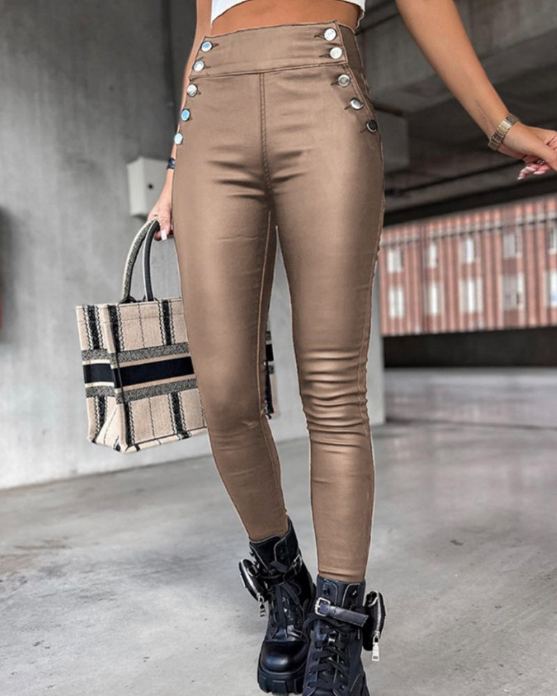 Sexy High Waist Stretchy Faux Leather Leggings Pants with Multi-button