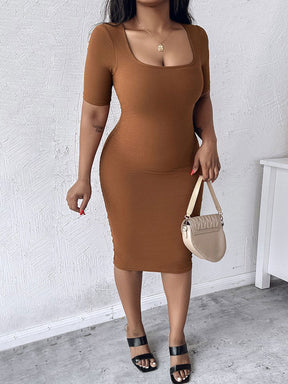 Built-in Shapewear Short Sleeve Square Neck Slim Fit Midi Body Dress