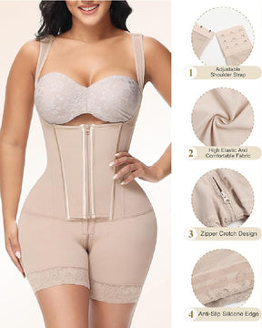 High compression Front Zipper Mid Thigh Shapewear with Bra