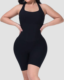 Ribbed Halter Racerback Shapewear Tummy Control Butt Lifting Mid Thigh Bodysuit