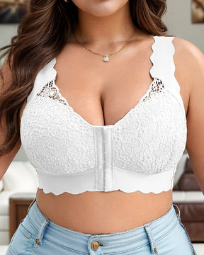 Front Closure Lace Scalloped Trim Bra Wide Straps Seamless Back Bralette