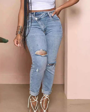 Fashionable Oblique Button Ripped High Waist Slim Fit Skinny Jeans