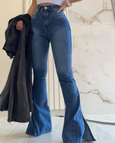 High Waisted Tummy Control Flared Slit Floor Length Jeans