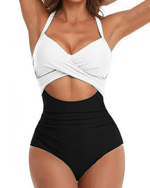 One Piece Cutout Swimsuits Tummy Control High Waist Tie Back Swimwear