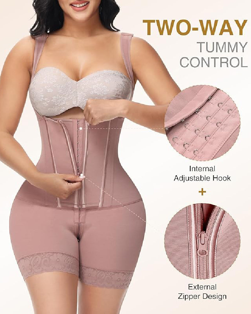 High compression Front Zipper Mid Thigh Shapewear with Bra