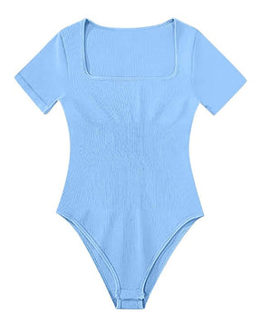 Women's Square Neck Sexy Ribbed Short Sleeve Thong Tummy Control Bodysuits