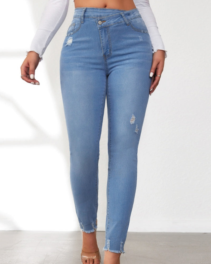 Elastic High Waist Oblique Buttoned Skinny Jeans