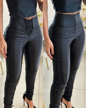 High Waist Zipper Closure Front Anti-Pinch Double-layer Tummy Control PU Leather Pants