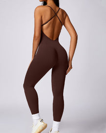 Women's Seamless Workout Backless Criss-Cross Opaque Sleeveless Jumpsuits