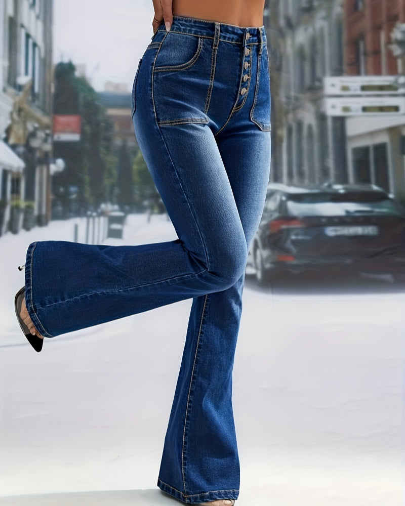 High Waist Single Breasted Flared Jeans Elastic Slim Fit