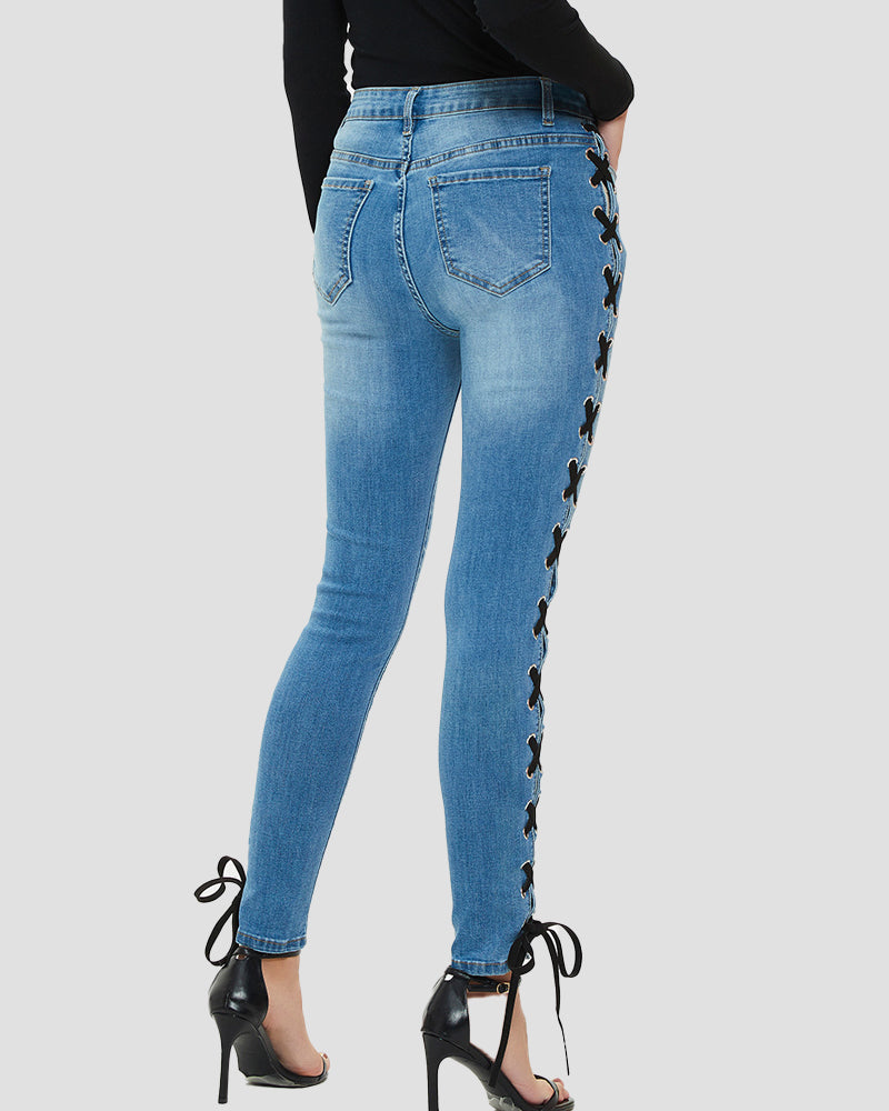 Sexy Side Cross Lace up Slim Jeans for Women