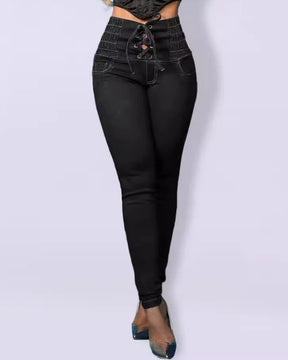 Lace-up High Waist Tummy Control Hip Lift Skinny Jeans