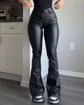 Fashionable Street Style High Waist Slim Flared Leather Pants