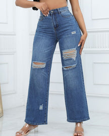 Elegant High Waist Ripped Wide-leg Jeans