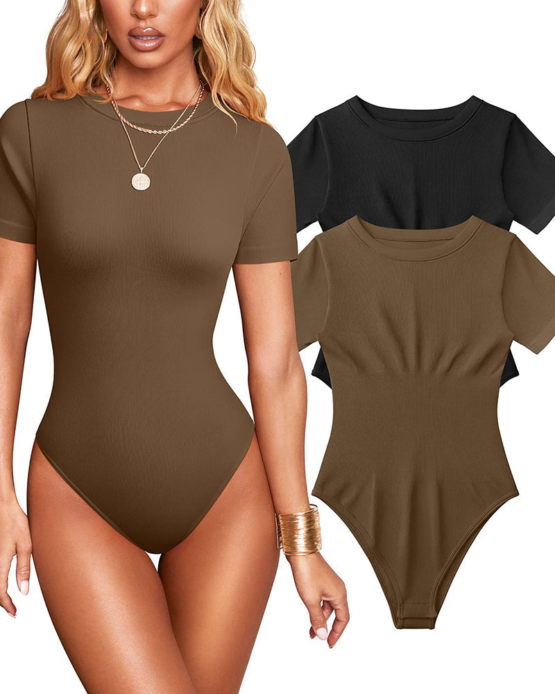 Women Sexy Ribbed Round Neck Short Sleeve Tummy Control Thong Bodysuit