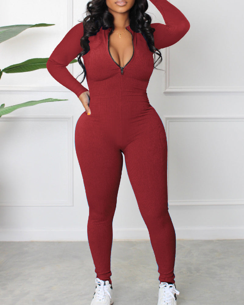 Women's Sexy Ribbed Long Sleeve Zipper Jumpsuits Casual Solid Bodycon Rompers