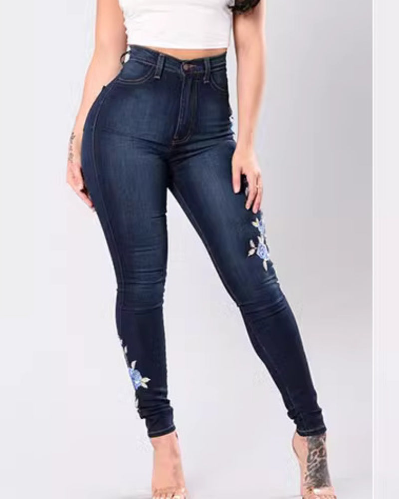 High-waist Slim-fit Stretch Embroidered Jeans