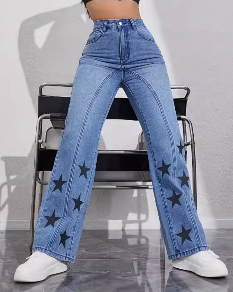 Star Print High Rise Panel Straight Jeans